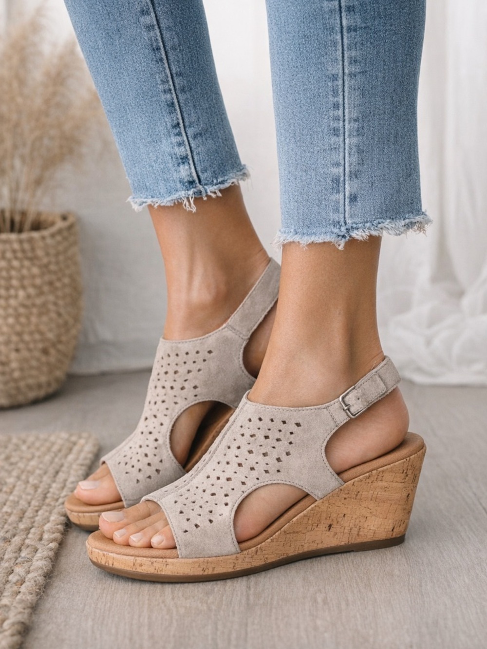 Rockport TruTECH Briah Perforated Wedge Sandals Taupe Leather Slingback 8.5